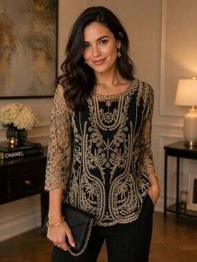 Ultra Pink Boho Dressy Sheer Black Top With Cami. Size M